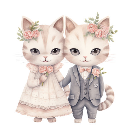 Cute Watercolor cat couple isolate on transparent background.Love romantic and valentine concept.の素材