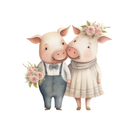 Cute Watercolor pig couple isolate on transparent background.Love romantic and valentine concept.の素材