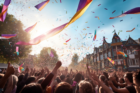 Festival Celebration with Joyful People and Colorful Ribbons flake for new year celebretion concept.の素材