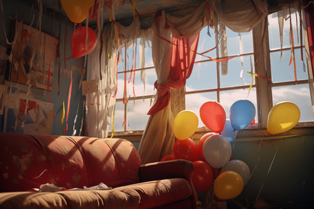 Festive Living Room with Balloons and Ribbons for Celebrationの素材