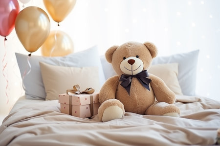 Big bear doll sitting on the white bed for new year gift concept.の素材