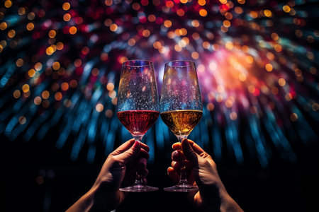 hand holding wine with firework light background in nightの素材