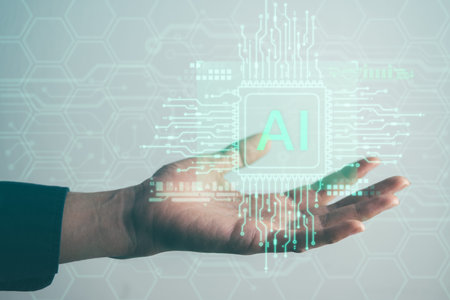 Businessman hand holding AI icon for Futuristic Innovation with Robot AI artificial intelligence technology conceptの写真素材