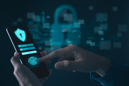 Businessman using mobile phone with cyber security login screen. Digital information technology and cyber security concept.の写真素材