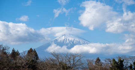 Mount Fuji in Japan. Fuji mountain with blue sky background. Landscape view from Kintoki mountain.の写真素材