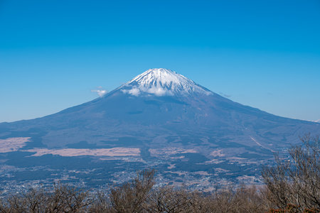 Mount Fuji in Japan. Fuji mountain with blue sky background. Landscape view from Kintoki mountain.の写真素材