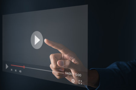 the man touching play icon on video online. video content creator concept.の写真素材