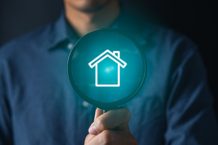 real estate investing concept.businessman using magnifier for searching and buying houseの写真素材