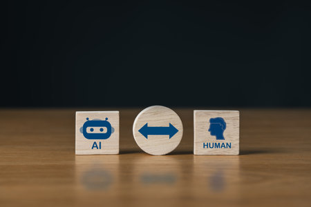 Wooden blocks with symbols representing the interaction between artificial intelligence and humans. AI artificial intelligence and Machine Learning for futuristic technology and information technology conceptの写真素材