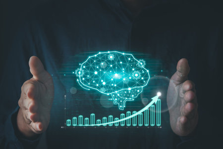 Businessman with digital screen about brain of AI and exponential graph. Digital information...