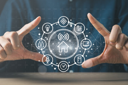 Man manage smart home features including security, lighting, and temperature. Smart home and Iot concept.の写真素材