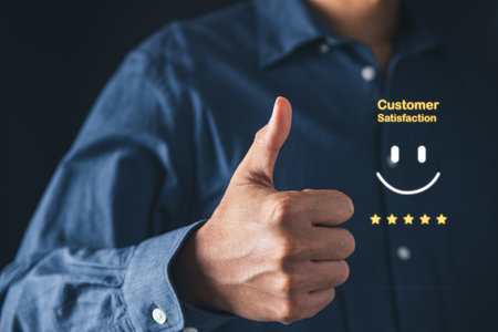 Business man select satisfied  survey rating for customer satisfaction scores. customer satisfaction concept.の写真素材