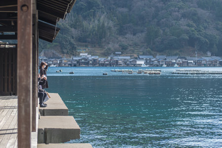 Funaya house with boat and sea of Ine bay at Ine Kyoto Japanの写真素材