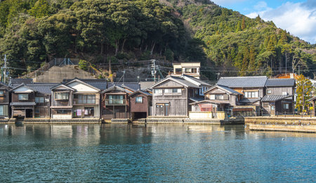 Funaya house with boat and sea of Ine bay at Ine Kyoto Japanの写真素材