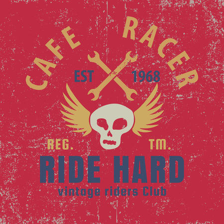 cafe racer typographic with winged skull,graphic for for t-shirt,tee design,vector illustrationのイラスト素材