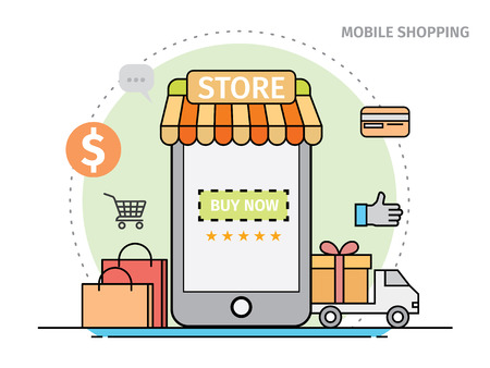 Thin line flat design concept of mobile shoppingのイラスト素材