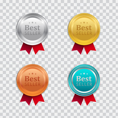 Realistic vector design of golden badge with red ribbon.のイラスト素材