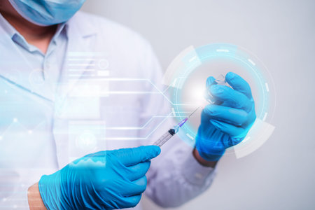 Doctor holding a documet and touch on technological digital futuristic HUD interface. Innovative in science and medicine concept.の写真素材