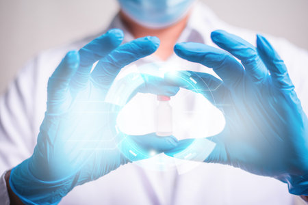 Doctor holding a documet and touch on technological digital futuristic HUD interface. Innovative in science and medicine concept.の写真素材