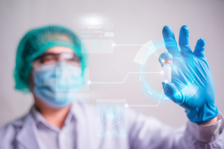 Doctor holding vaccine bottle with modern HUD interface screen on hospital background, Innovation...