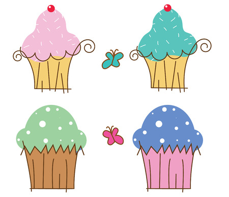 4 illustrations of cup cake with two butterfly decorations. V8 eps vector file.のイラスト素材