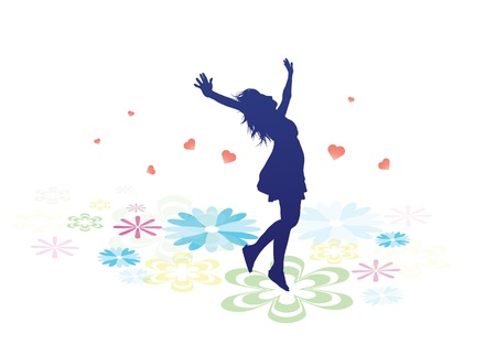 a female silhouette walking along on large multicoloured flowers.のイラスト素材