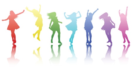 a beautiful colourful row of silouetted girls all doing a different pose with a reflection.のイラスト素材
