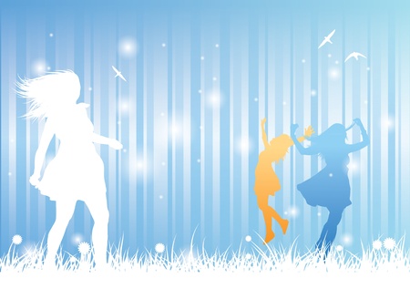 three summer girls silhouettes enjoying summer, a stylish illustration that represents summer in a beautiful way. Eps version 8, contains gradients,solids, and small transparents for the  light blurs.のイラスト素材