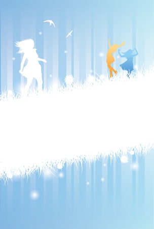 a fantastic vector design of two silhouetted girls celebrating summer. The design is mainly for an information use with text space visable. EPS V8のイラスト素材