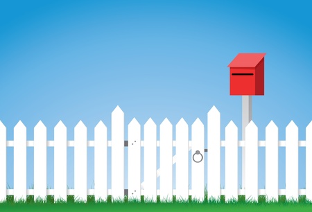 a vector illustration of a white gated picket fence with a mailbox, Image contains lots of space for copy. Eps version 8 のイラスト素材