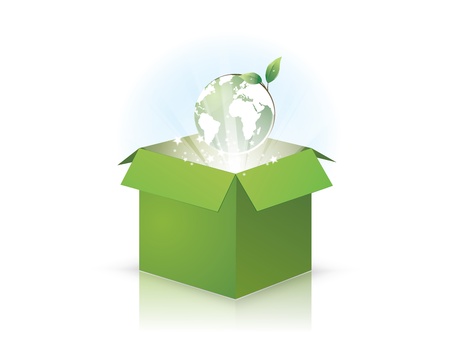 an illustration of the earth popping out of a green eco box with light rays and stars with it. EPS version 8, contains transparency and gradients.のイラスト素材