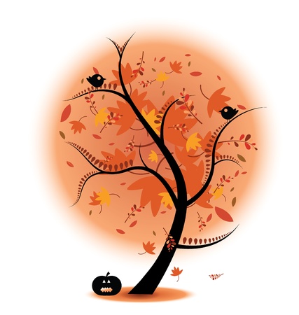 Autumn Tree Stock Illustration complete with birds and a pumpkin. Perfect for autumn themes. Eps V 8, gradients and opacity used.のイラスト素材