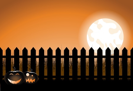 An illustration of a halloween picket fence with pumpkins and a moon. のイラスト素材