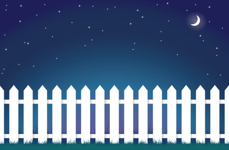 An illustration of a white picket fence at night.のイラスト素材