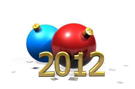 2 christmas baubles with a 2012 against a white background with copy space.