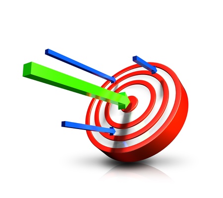 a green arrow hits bulls eye on a dart board to portray success while the small blue are failing to hit the center resulting in failure.の写真素材