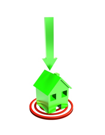 a green house sits on a target board with a green arrow pointing down to it.の写真素材