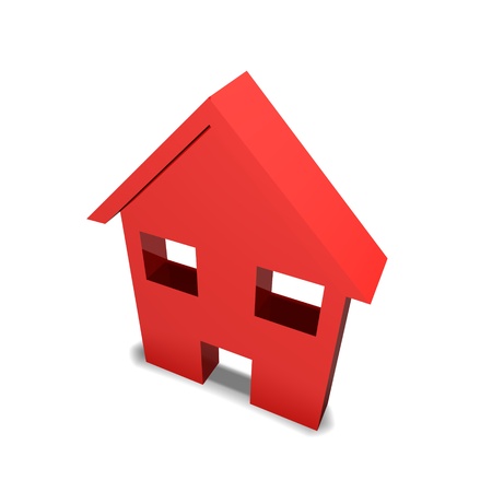 a red flat house with open windows and door standing tall on a white backgroundの写真素材