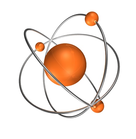 orange atom with chrome rings and neutrons, orange atom with chrome rings and neutrons,