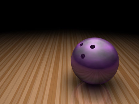 a purple bowling ball stands still in a bowling ally on a shiny floor. this image has plenty of room for copy space.の写真素材