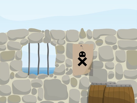 a pirate themed background of a stone wall with barrels and a skull poster  Illustration Eps CSのイラスト素材