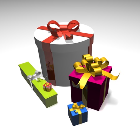 a bundle a multicolored presents of different shapes with bows の写真素材