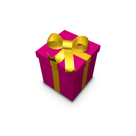 a big pink square shaped present wrapped with gold ribbon and a gold bow on top の写真素材