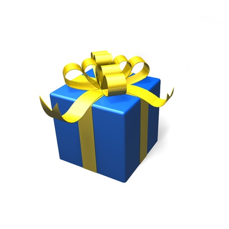 a big blue square shaped present wrapped with gold ribbon and a gold bow on top の写真素材