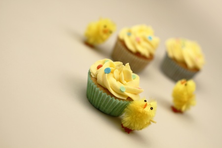 tiny yellow easter chicks with yummy yellow easter ackes on a white background の写真素材