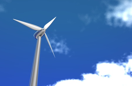 a shiny silver wind turbine alone on a nice day with bright blue sky and clouds の写真素材