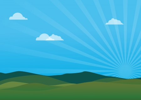 Lovely day illustration over a green landscape with sun rays and cloudsのイラスト素材
