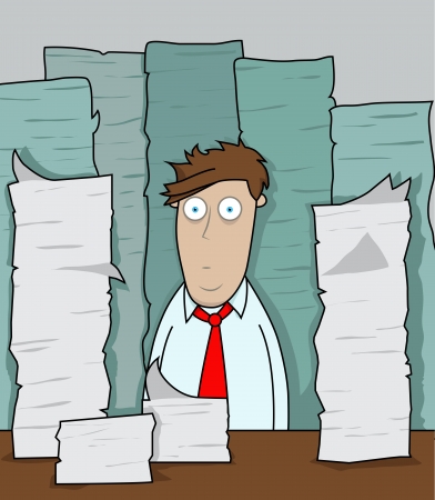 Office worker is faced with mounds of paper work のイラスト素材