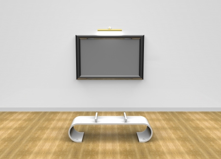 Blank photo frame at the wall in a museum with a bench in front on wooden flooring の写真素材