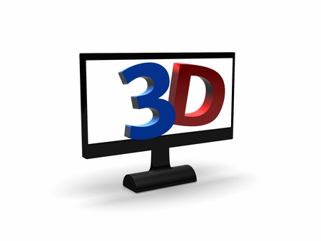 a screen with 3D in red and blue popping out of it の写真素材